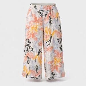 C&C California 100% Linen Wide Leg Crop Pullon Pants Womens Large White Floral